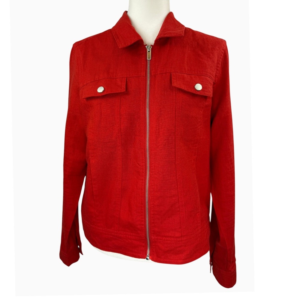 Rachel Zoe Women's M Red Linen Blend Zip Front Utility Trucker Jacket
